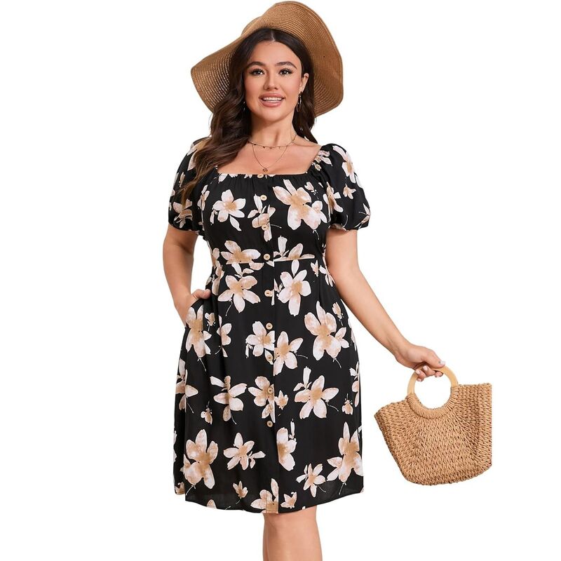 コジョイン レディース トップス ワンピース フラワー柄 プラスサイズ ミディ フラワー Kojooin Womensummer Dresses Boho Floral Beach Flowy Plusize Short Lantern Sleeve Scoop Neck Midi Dress Green グリーン|ReVida 店