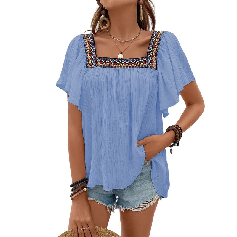 コジョイン レディース トップス シャツ 刺繍 ブラウス Kojooin Shirts for Women Boho Embroide red Short Butterfly Sleeve Square Neck Loose Blouses Tees Blue ブルー|ReVida 店