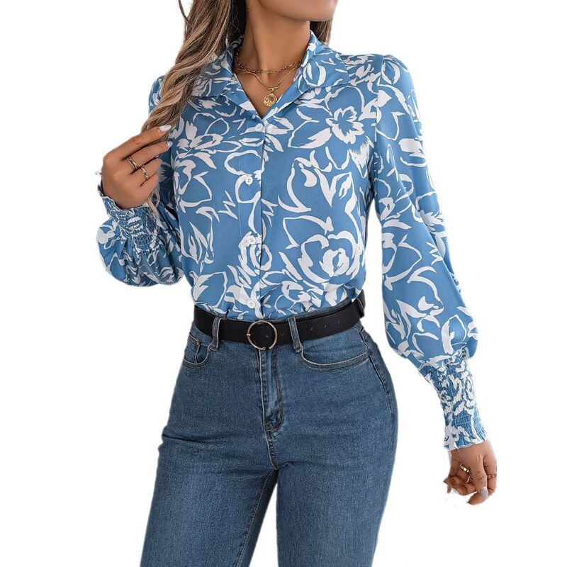 イエスファッション レディース トップス シャツ フラワー柄 フラワー Yesfashion Womens Floralantern Long Sleeve Lapel Shirt Elegant Color Collision Loose Dressy Casual Top Light Blue Flower ブルー｜ReVida 店