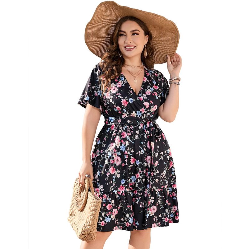 コジョイン レディース トップス ワンピース Vネック ハイウエスト プラスサイズ フリル ミディ Kojooin Women Plusize V Neck Wrap Dress High Waist Short Sleeve Ruffle Midi Dress with Belt Black Red ブラック|ReVida 店