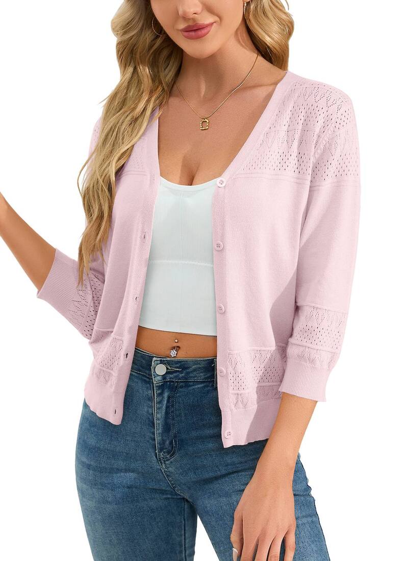 マキシスマーチ レディース アウター ニット・セーター Vネック ボタンダウン カーディガン ダウン クロップド Maxxis Merch Women's Cropped Cardigans 3/4 Sleeve Button Down Lightweight V Neck Sweatershrugs Tops Light Pink ピンク|ReVida 店