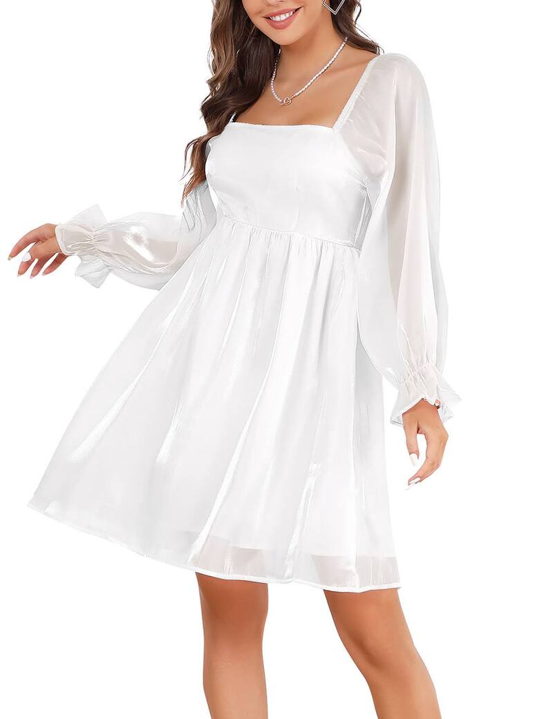 ファンジュライ レディース トップス ワンピース ミニ メッシュ FUNJULY Womensquare Neck Puff Sleeve Dress Babydoll Mesh MiniDress White ホワイト｜ReVida 店