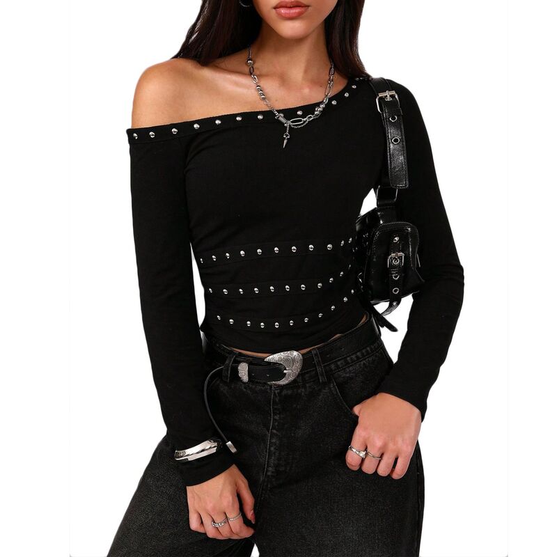クリアフラワー レディース トップス Tシャツ ギャザー オフショルダー ブラウス ClearFlower Women's Off-Shoulder Studded Crop Top Long Sleeve Ruched Blousedgy Casual Streetwear Shirt Black ブラック|ReVida 店