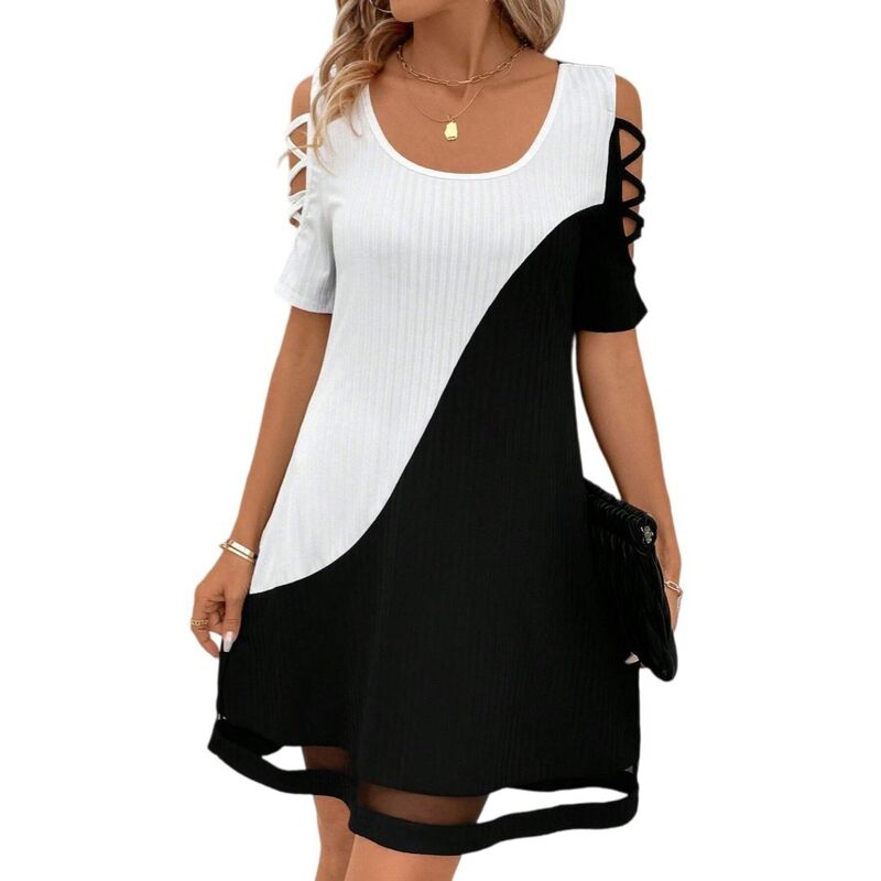イエスファッション レディース トップス ワンピース Yesfashion Women\'s Cold Shoulder Color Block Short Sleeve Casual Dresses White Black ホワイト｜ReVida 店