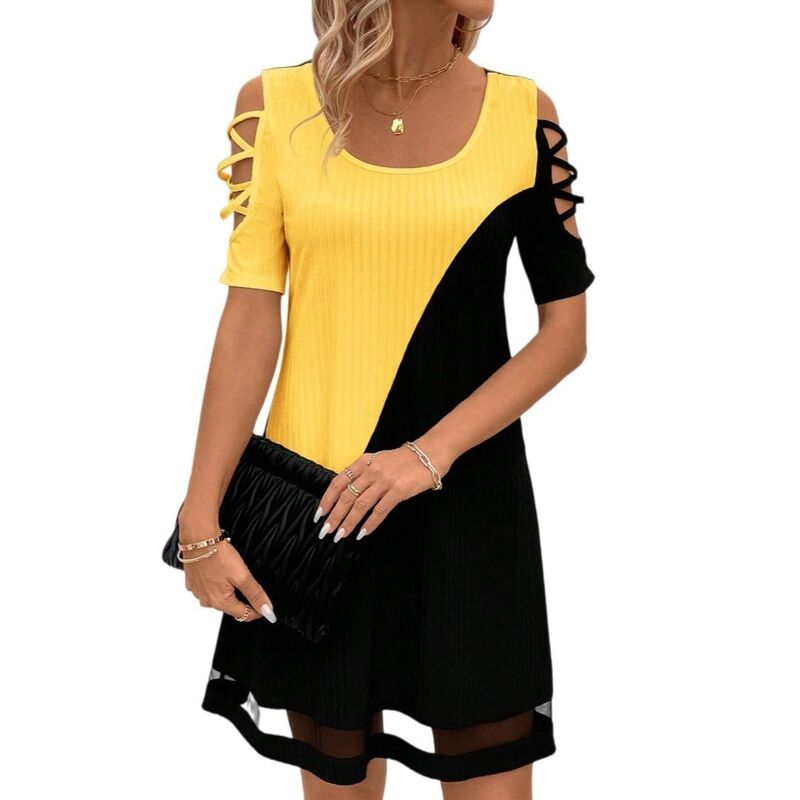 イエスファッション レディース トップス ワンピース Yesfashion Women\'s Cold Shoulder Color Block Short Sleeve Casual Dresses Yellow Black ブラック｜ReVida 店