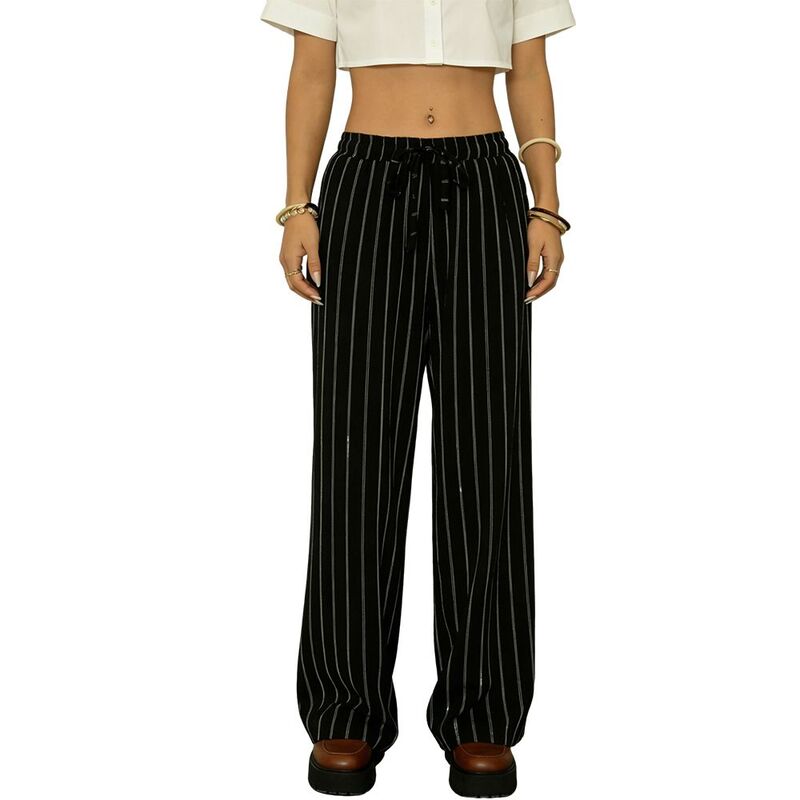 クリアフラワー レディース ボトムス カジュアルパンツ ワイドレッグ ClearFlower Women'stripedrawstring Wide Leg Pants Vertical Straightrousers Elegant Slimming Casual Pants Black ブラック｜ReVida 店