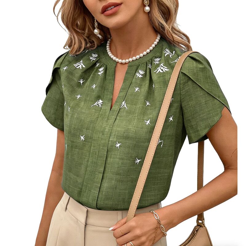 クリアフラワー レディース トップス シャツ 刺繍 ブラウス ClearFlower Women's Embroide red Split Neck Petal Sleeve Blouse - Textu red Woven Casual Summer Top Green グリーン|ReVida 店