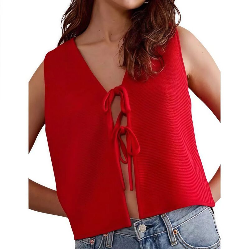 クリアフラワー レディース アウター ニット・セーター ベスト ノースリーブ カーディガン ClearFlower Women's Tie Knit Vest Crochet Sleeveless Open Front Cardigan Sweater Vestop Red レッド|ReVida 店