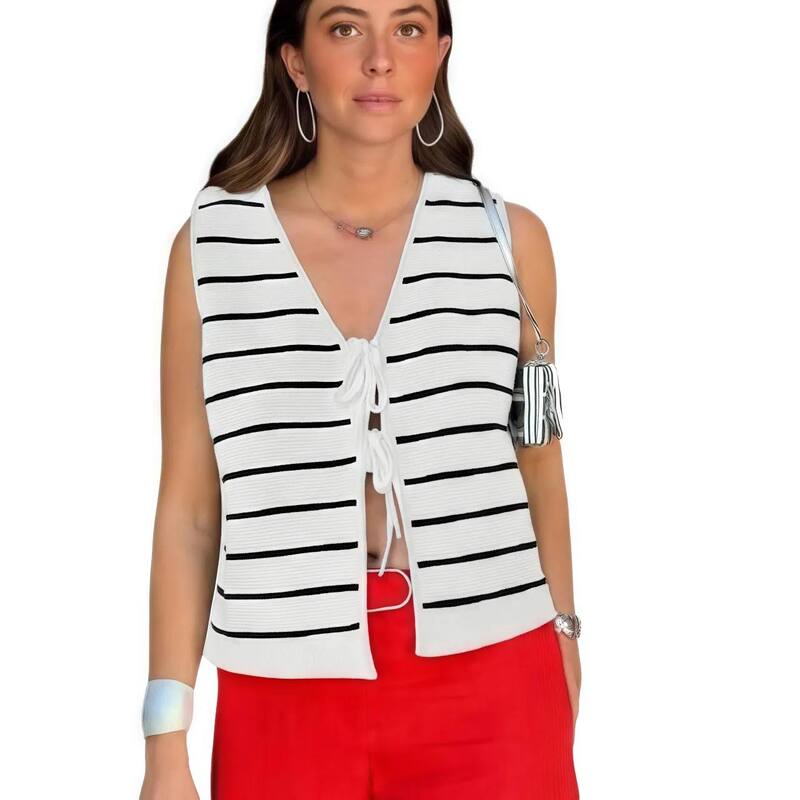 クリアフラワー レディース アウター ニット・セーター ベスト ノースリーブ カーディガン ClearFlower Women's Tie Knit Vest Crochet Sleeveless Open Front Cardigan Sweater Vestop White Stripes ホワイト｜ReVida 店