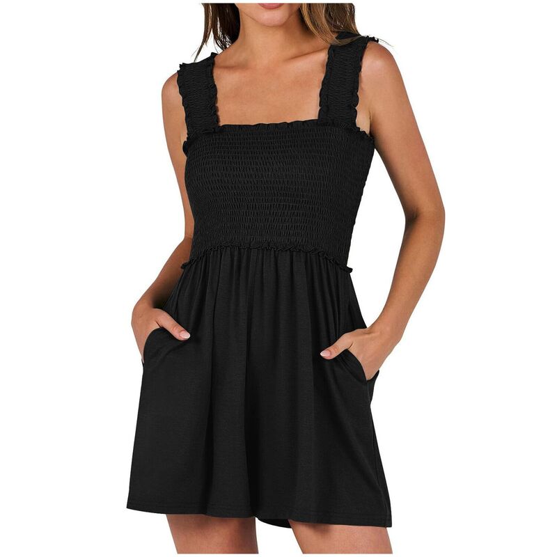 ジョイジョイ レディース トップス ワンピース ロンパース ショートパンツ シャーリング ジャンプスーツ JoyJoy Women\'summer Smocked Suspender Jumpsuit Shorts Casual Versatile Wide-Leg Shorts Fashion Romper Black ブラック｜ReVida 店