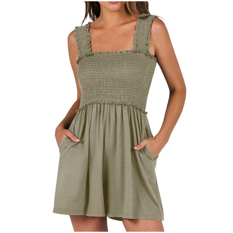 ジョイジョイ レディース トップス ワンピース ロンパース ショートパンツ シャーリング ジャンプスーツ JoyJoy Women'summer Smocked Suspender Jumpsuit Shorts Casual Versatile Wide-Leg Shorts Fashion Romper Khaki カーキ｜ReVida 店 9,865円
