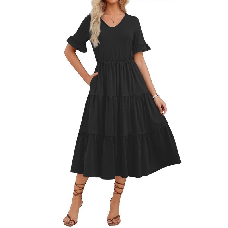 ジーグー レディース トップス ワンピース A ライン フラワー柄 ミディ フラワー Zeagoo Women\'s Floral Midi Boho Dress Casual Short Sleeve A Line Long Beach Dress for Spring Summer Black ブラック｜ReVida 店