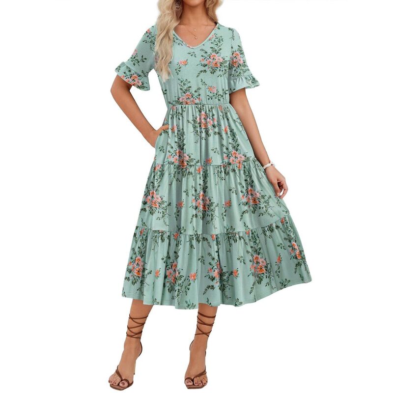 ジーグー レディース トップス ワンピース A ライン フラワー柄 ミディ フラワー Zeagoo Women\'s Floral Midi Boho Dress Casual Short Sleeve A Line Long Beach Dress for Spring Summer Bluefloral｜ReVida 店