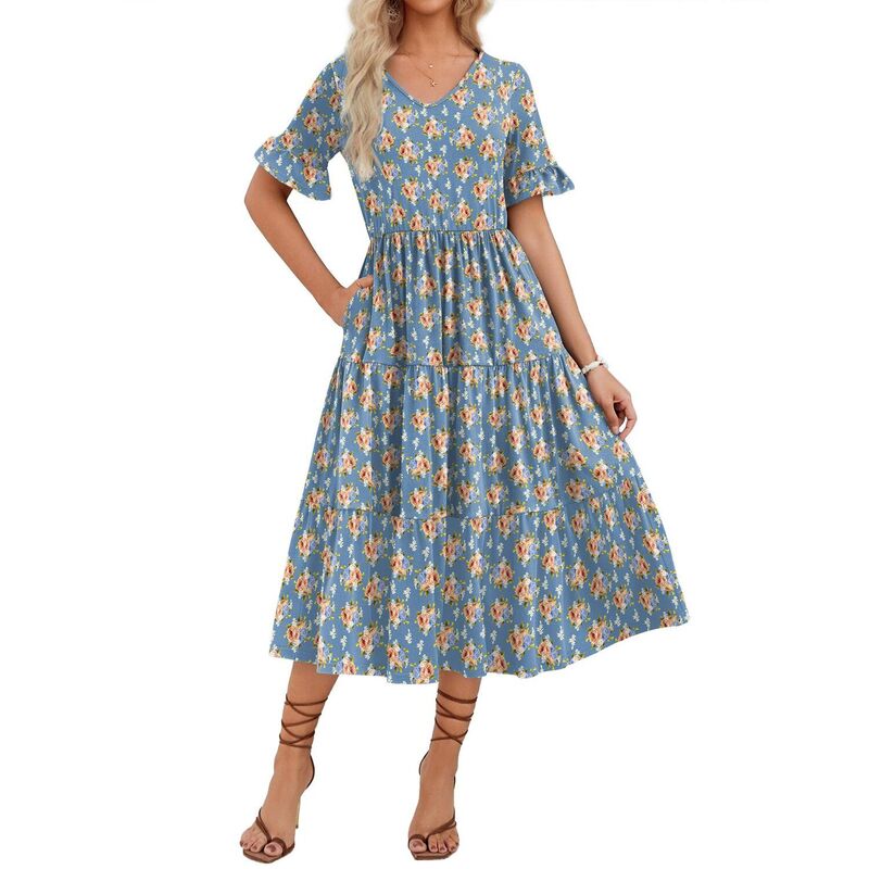 ジーグー レディース トップス ワンピース A ライン フラワー柄 ミディ フラワー Zeagoo Women\'s Floral Midi Boho Dress Casual Short Sleeve A Line Long Beach Dress for Spring Summer Blue Orange Floral ブルー｜ReVida 店