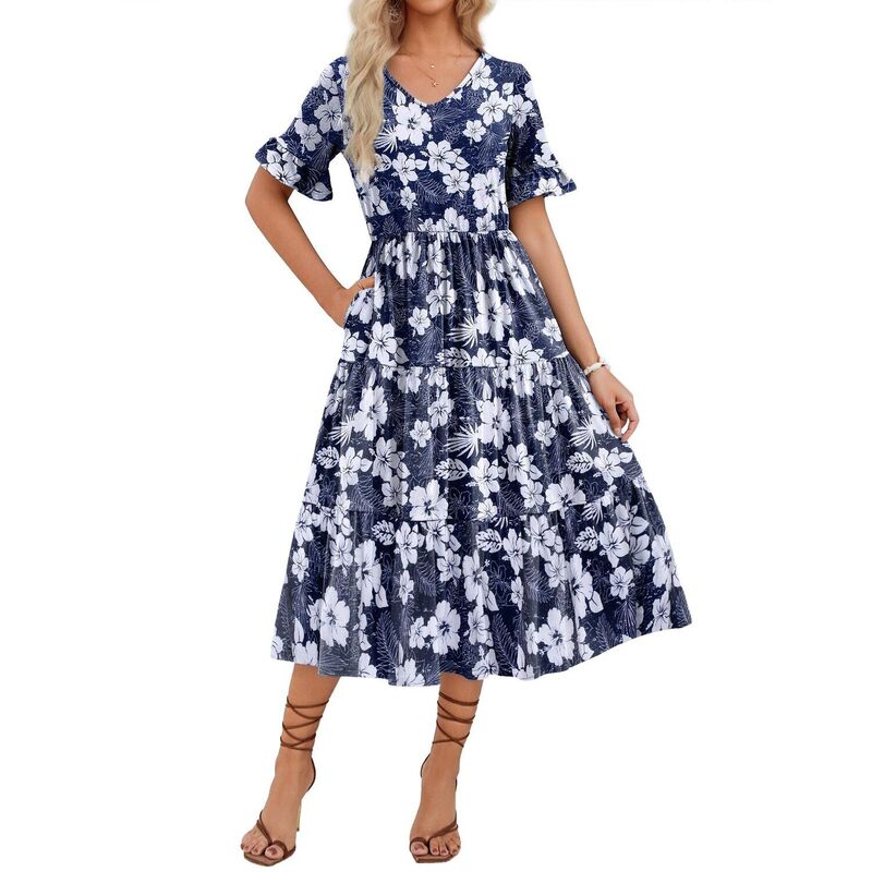 ジーグー レディース トップス ワンピース A ライン フラワー柄 ミディ フラワー Zeagoo Women\'s Floral Midi Boho Dress Casual Short Sleeve A Line Long Beach Dress for Spring Summer Blue White Floral ホワイト｜ReVida 店