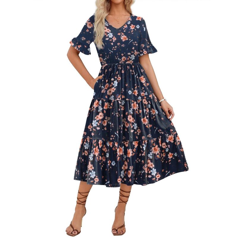 ジーグー レディース トップス ワンピース A ライン フラワー柄 ミディ フラワー Zeagoo Women's Floral Midi Boho Dress Casual Short Sleeve A Line Long Beach Dress for Spring Summer Navy Blufloral ネイビー|ReVida 店