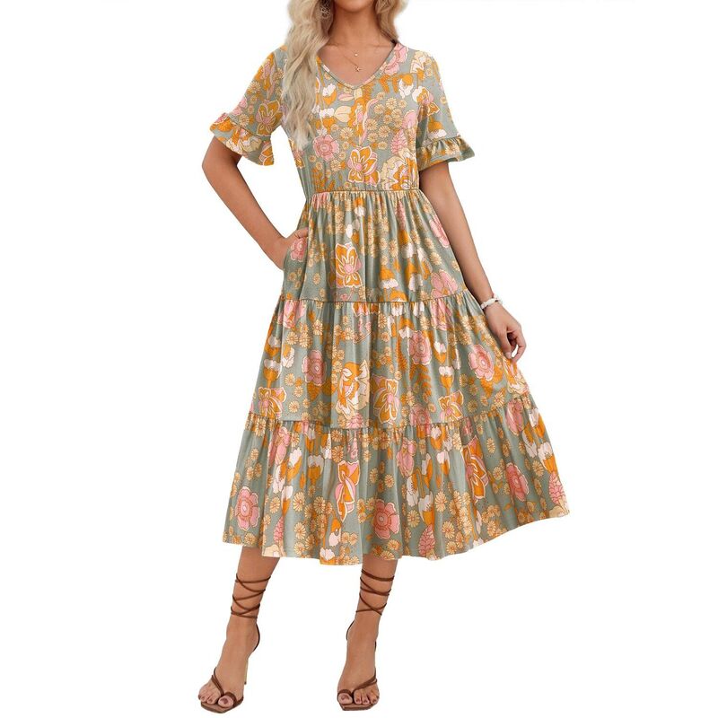 ジーグー レディース トップス ワンピース A ライン フラワー柄 ミディ フラワー Zeagoo Women\'s Floral Midi Boho Dress Casual Short Sleeve A Line Long Beach Dress for Spring Summer Orangfloral｜ReVida 店