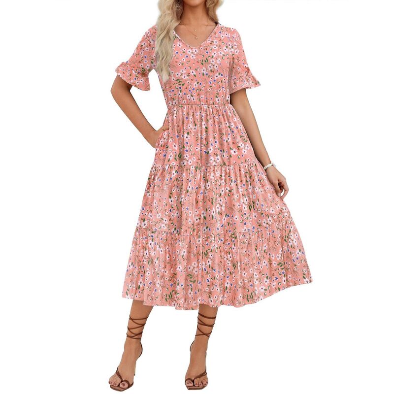 ジーグー レディース トップス ワンピース A ライン フラワー柄 ミディ フラワー Zeagoo Women's Floral Midi Boho Dress Casual Short Sleeve A Line Long Beach Dress for Spring Summer Pink Floral ピンク|ReVida 店