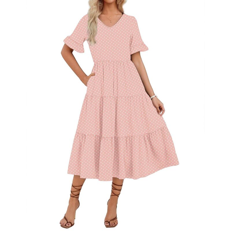 ジーグー レディース トップス ワンピース A ライン フラワー柄 ミディ フラワー Zeagoo Women's Floral Midi Boho Dress Casual Short Sleeve A Line Long Beach Dress for Spring Summer Pink Roundot ピンク｜ReVida 店