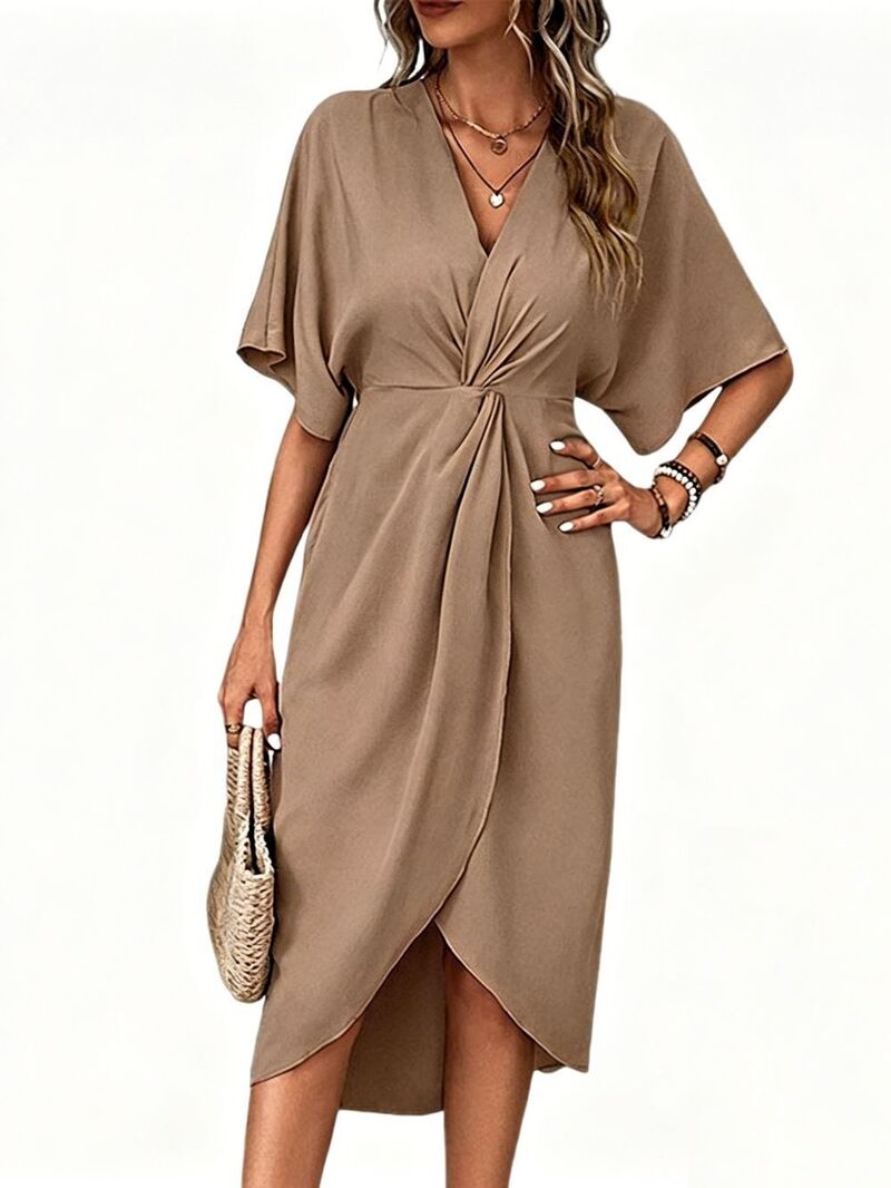 エリートチョイス レディース トップス ワンピース Vネック ミディ Elitechoice Women\'s V-Neck Twist Front Midi Dress, Short Batwing Sleeve Wrap Dress with Tulip Hem Khaki カーキ｜ReVida 店