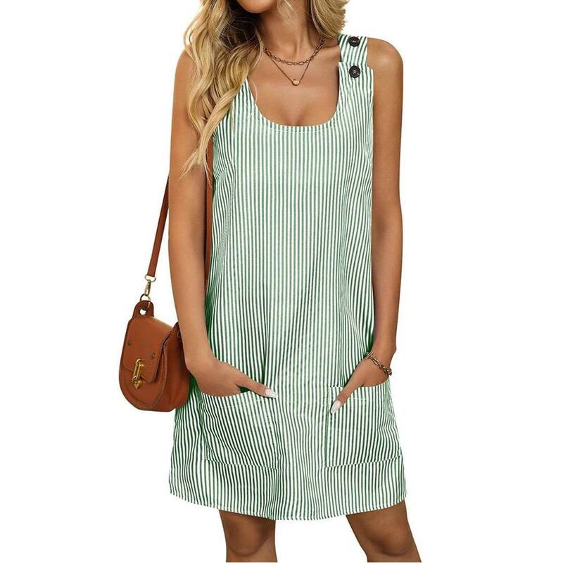 セオリア レディース トップス ワンピース ミニ ノースリーブ Seoria Sleeveless U Neck Mini Dress with Pockets and Striped Pattern Green グリーン｜ReVida 店 9,216円