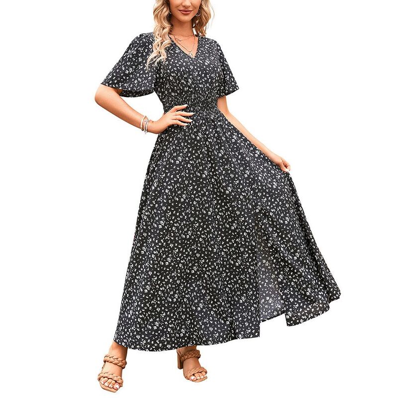 ジョイジョイ レディース トップス ワンピース Vネック フラワー柄 シャーリング マキシ フラワー JoyJoy Women\'s V Neck Flutter Sleeve Maxi Dressmocked Waist Split Floral Casual Sundress Black ブラック｜ReVida 店