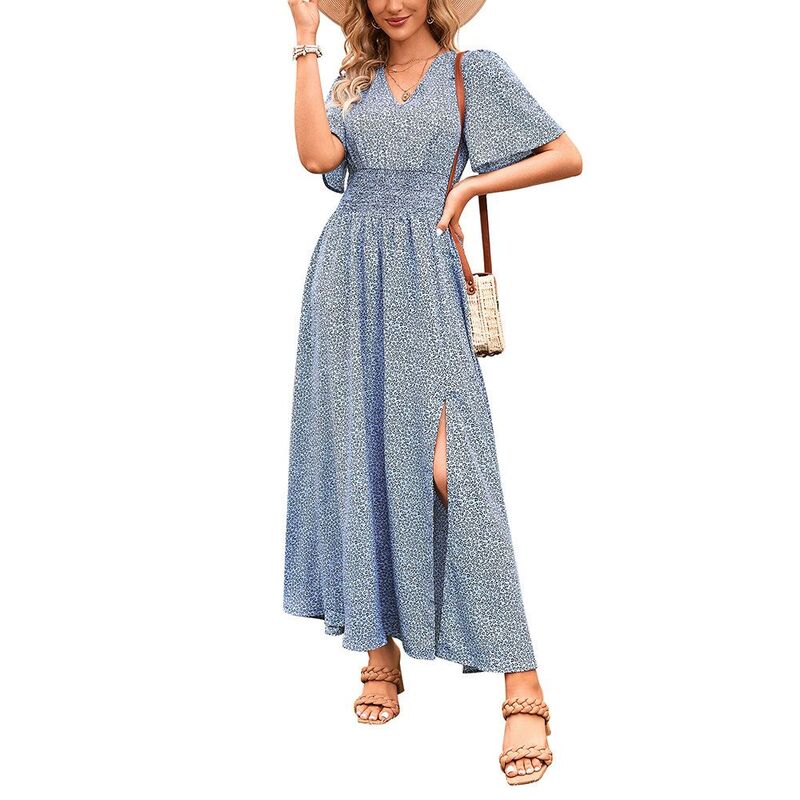 ジョイジョイ レディース トップス ワンピース Vネック フラワー柄 シャーリング マキシ フラワー JoyJoy Women's V Neck Flutter Sleeve Maxi Dressmocked Waist Split Floral Casual Sundress Blue ブルー|ReVida 店