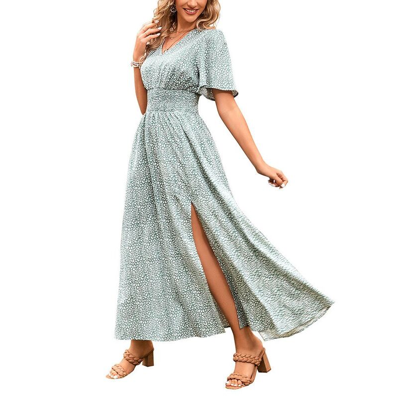 ジョイジョイ レディース トップス ワンピース Vネック フラワー柄 シャーリング マキシ フラワー JoyJoy Women\'s V Neck Flutter Sleeve Maxi Dressmocked Waist Split Floral Casual Sundress Green グリーン|ReVida 店