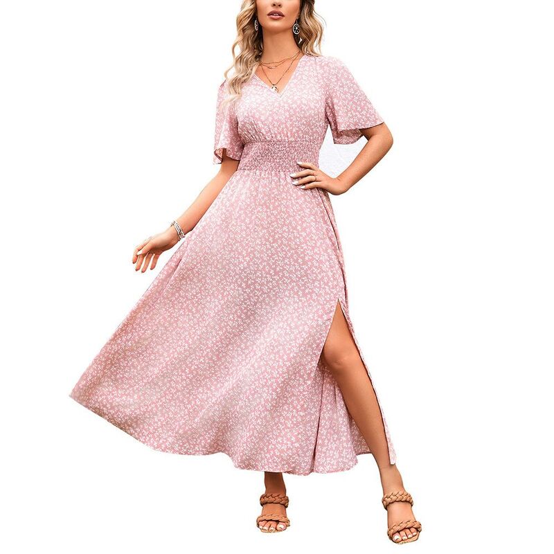 ジョイジョイ レディース トップス ワンピース Vネック フラワー柄 シャーリング マキシ フラワー JoyJoy Women's V Neck Flutter Sleeve Maxi Dressmocked Waist Split Floral Casual Sundress Pink ピンク｜ReVida 店 9,735円