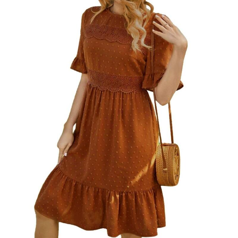 コジョイン レディース トップス ワンピース クルーネック フリル ミディ Kojooin Women Summer Dresses Crew Neck Ruffle Short Sleeve Flowy Midi Beach Casual Dress Orange オレンジ｜ReVida 店