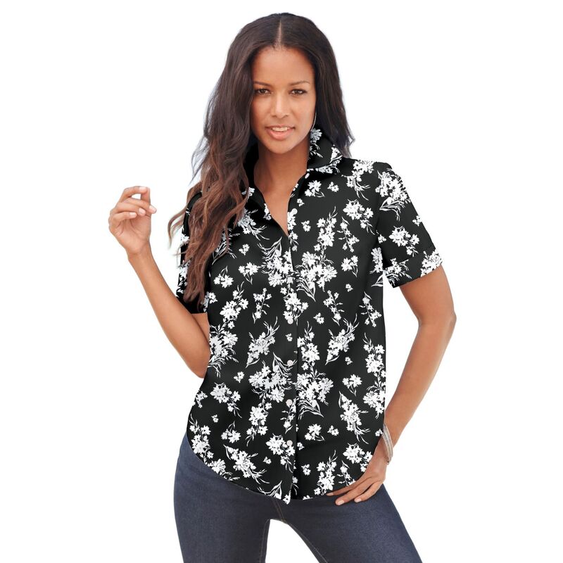 ロアマンズ レディース トップス シャツ プラスサイズ コットン Roaman's Women's Plusizextended Plusize Kate Short Sleeveasy Cotton-Blend Button-Front Shirt Black Flat Floral ブラック|ReVida 店