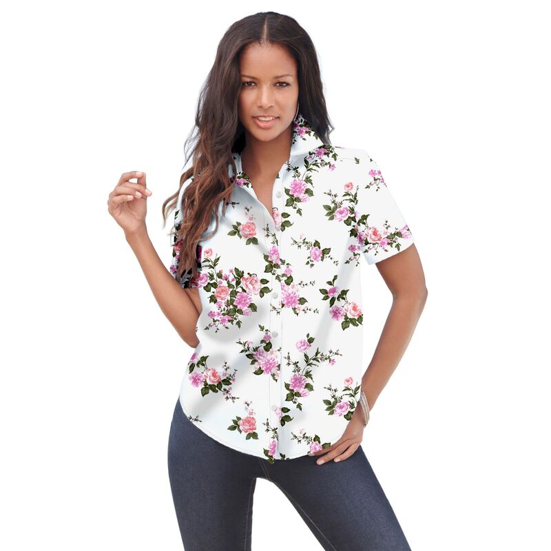 ロアマンズ レディース トップス シャツ プラスサイズ コットン Roaman's Women's Plusizextended Plusize Kate Short Sleeveasy Cotton-Blend Button-Front Shirt White Mixed Flowers ホワイト|ReVida 店