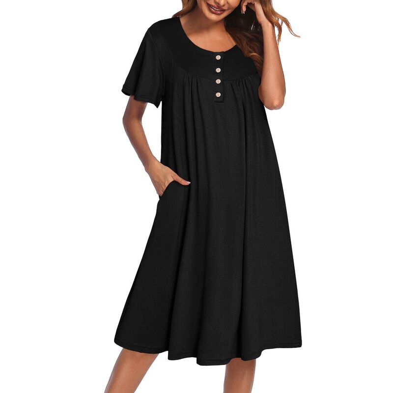 エコアー レディース アンダーウェア ナイトウェア フラワー柄 プリント フラワー Ekouaer House Dress with Pocketshort Sleeve Moos Nightgowns Floral Print Mumu Dresses Black ブラック｜ReVida 店