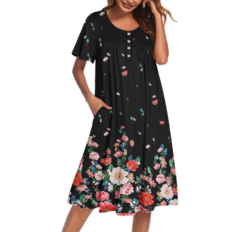 エコアー レディース アンダーウェア ナイトウェア フラワー柄 プリント フラワー Ekouaer House Dress with Pocketshort Sleeve Moos Nightgowns Floral Print Mumu Dresses Flower Black ブラック|ReVida 店