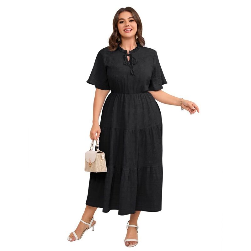 イエスファッション レディース トップス ワンピース プラスサイズ プリーツ ミディ Yesfashion Women\'s Plusize Short Sleeve Pleated Rayon Midi Dresses with Pockets for Weddinguest Black ブラック|ReVida 店