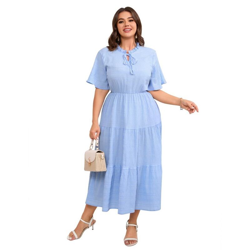 イエスファッション レディース トップス ワンピース プラスサイズ プリーツ ミディ Yesfashion Women\'s Plusize Short Sleeve Pleated Rayon Midi Dresses with Pockets for Weddinguest Blue ブルー|ReVida 店