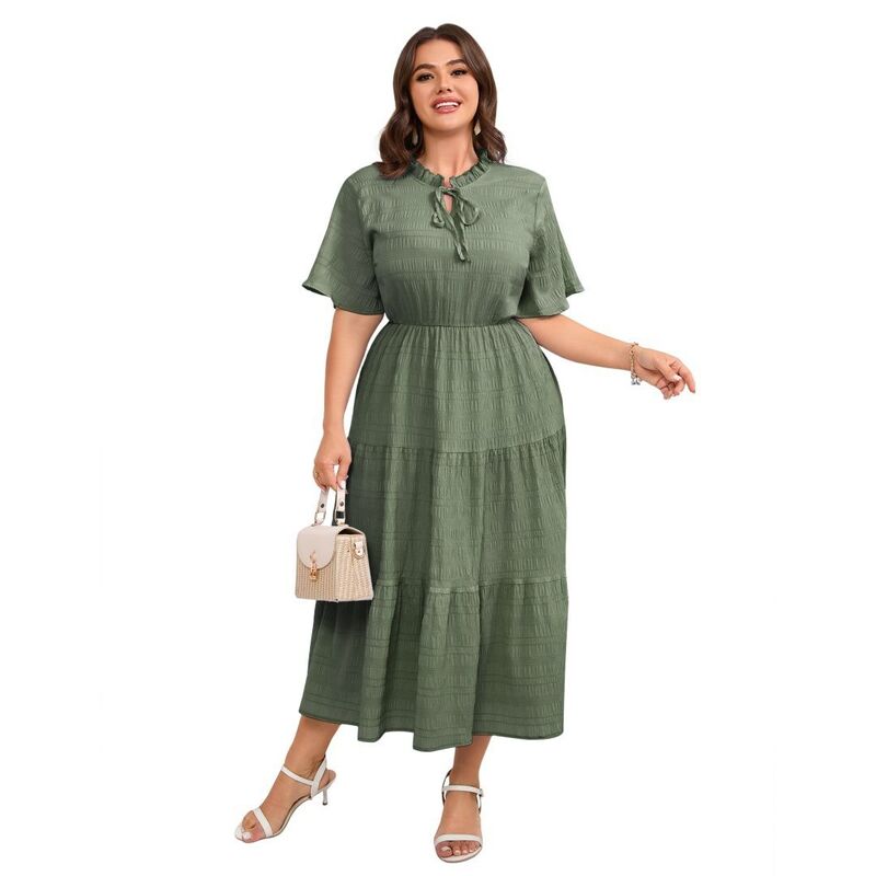 イエスファッション レディース トップス ワンピース プラスサイズ プリーツ ミディ Yesfashion Women\'s Plusize Short Sleeve Pleated Rayon Midi Dresses with Pockets for Weddinguest Green グリーン|ReVida 店