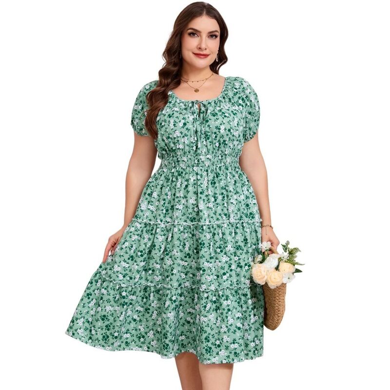 イエスファッション レディース トップス ワンピース フラワー柄 プラスサイズ プリント フラワー Yesfashion Plusize Women'summer Dressquare Neck Short Sleeve Boho Floral Print with Pockets Green Flowers グリーン|ReVida 店