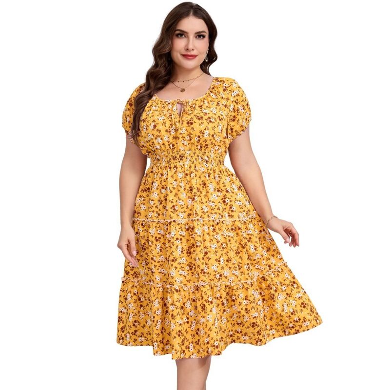 イエスファッション レディース トップス ワンピース フラワー柄 プラスサイズ プリント フラワー Yesfashion Plusize Women'summer Dressquare Neck Short Sleeve Boho Floral Print with Pockets Yellow Flowers イエロー|ReVida 店