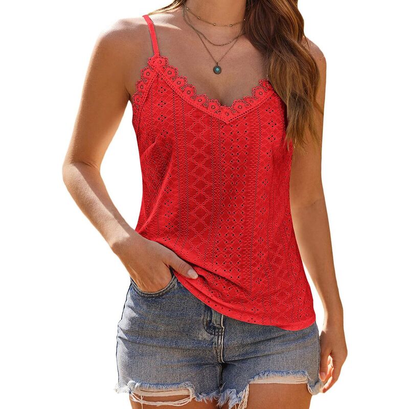 ジーグー レディース トップス Tシャツ Vネック ノースリーブ レース Zeagoo Womenspaghetti Strap V Neck Lace Camisole Sleeveless Loose Flowy Summer Tops Red レッド|ReVida 店