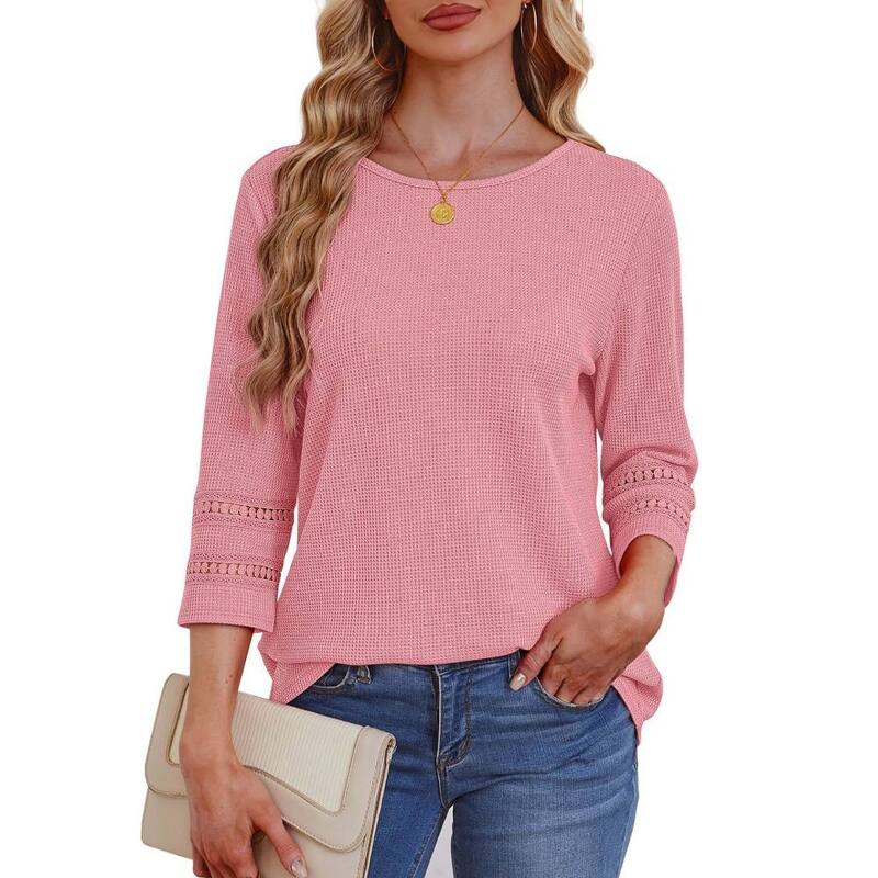 イエスファッション レディース トップス シャツ レーストリム ブラウス レース ニット Yesfashion Women's 3/4 Sleeve Waffle Knitop Round Neck Casualace Trim Blouse Pink ピンク｜ReVida 店