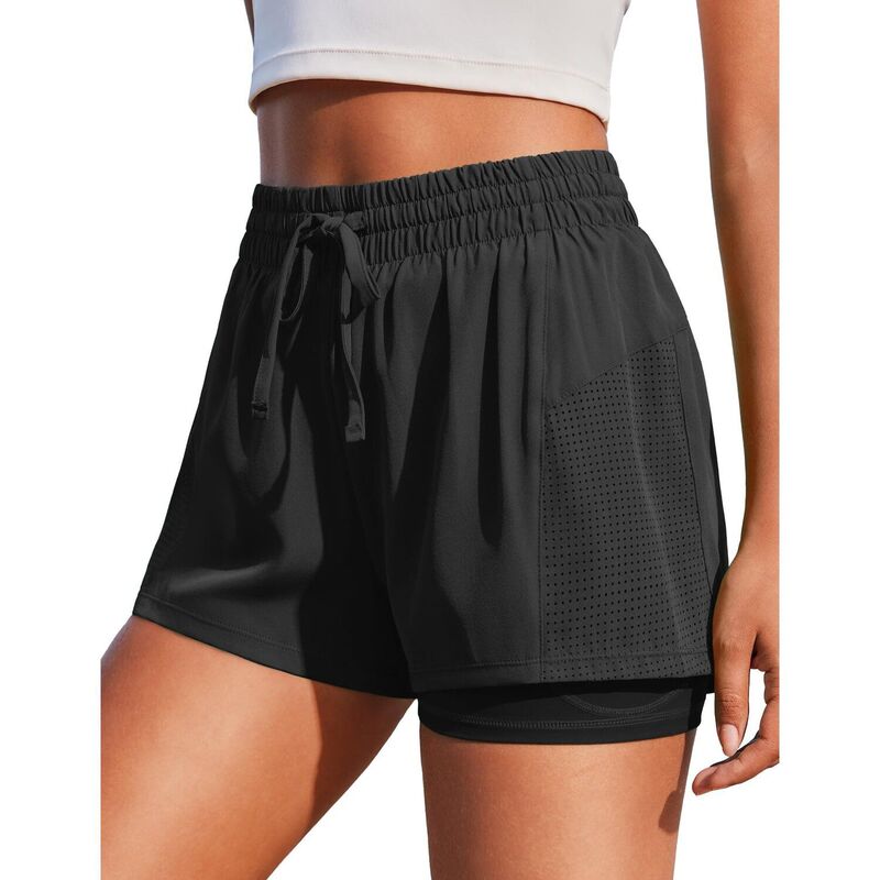 ピンスパーク レディース ボトムス ハーフパンツ・ショーツ ショートパンツ Pinspark Women's High Waisted 2-in-1 Athletic Shorts Quick Dry Gym Shorts with Pockets Black ブラック｜ReVida 店