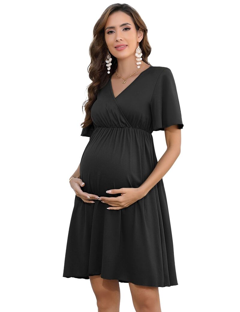 クリアフラワー レディース トップス ワンピース フリル ミディ マタニティ ClearFlower Maternity Dress Women Short Sleeve Ruffled Midi Casual Dress Black ブラック|ReVida 店