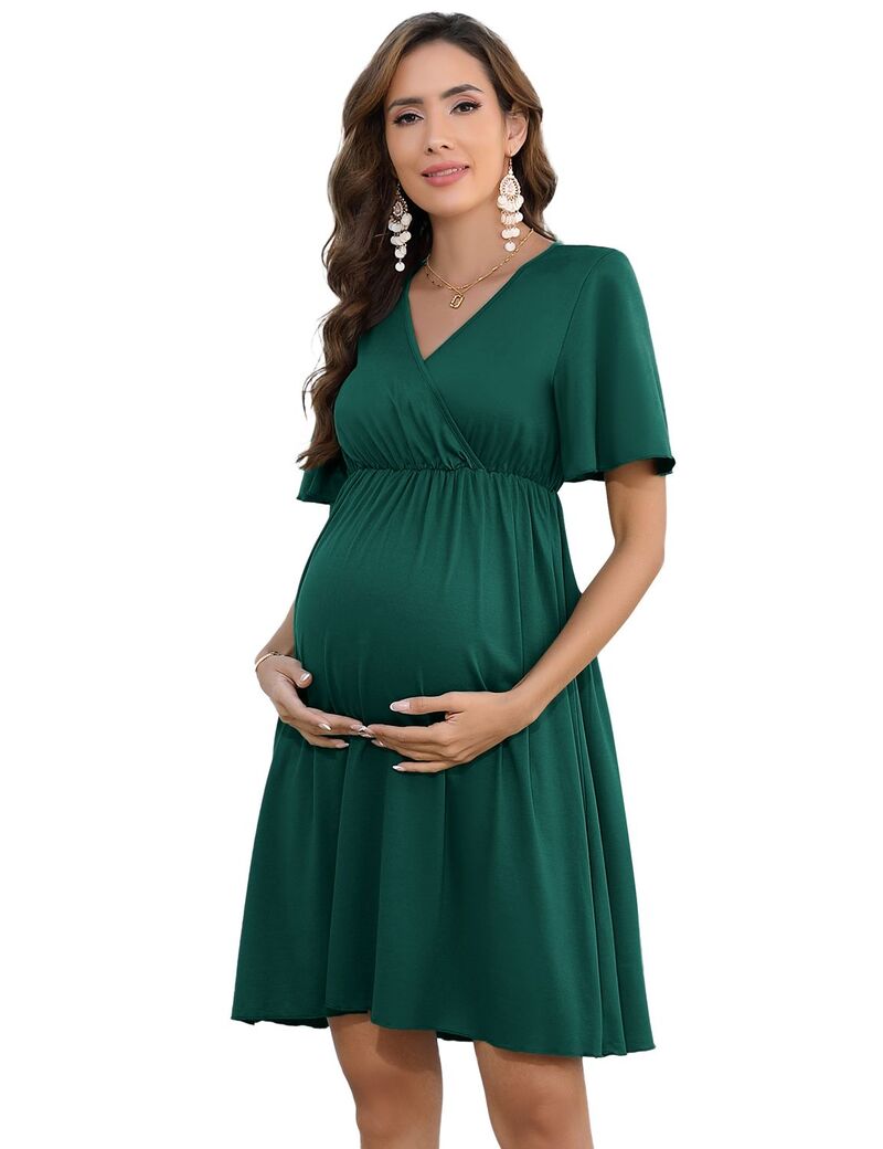クリアフラワー レディース トップス ワンピース フリル ミディ マタニティ ClearFlower Maternity Dress Women Short Sleeve Ruffled Midi Casual Dress Dark Green グリーン|ReVida 店