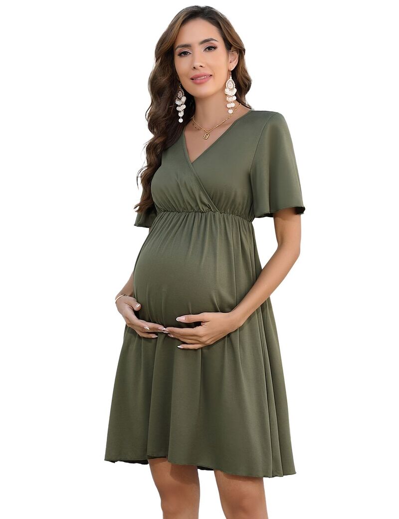 クリアフラワー レディース トップス ワンピース フリル ミディ マタニティ ClearFlower Maternity Dress Women Short Sleeve Ruffled Midi Casual Dress Olive Green グリーン|ReVida 店