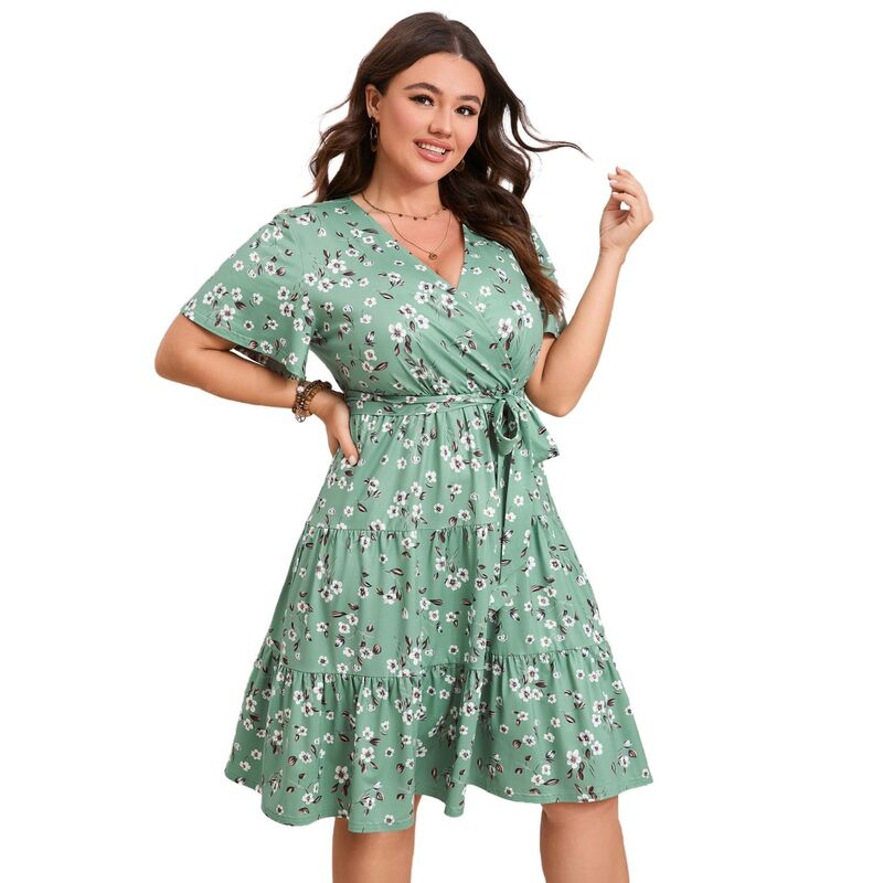 コジョイン レディース トップス ワンピース Vネック プラスサイズ ミニ エンパイア Kojooin Women Plusize Dresshort Sleeve V Neck Casual Summer Flowy Summer Mini Dress with Empire Waist Green Flower グリーン|ReVida 店