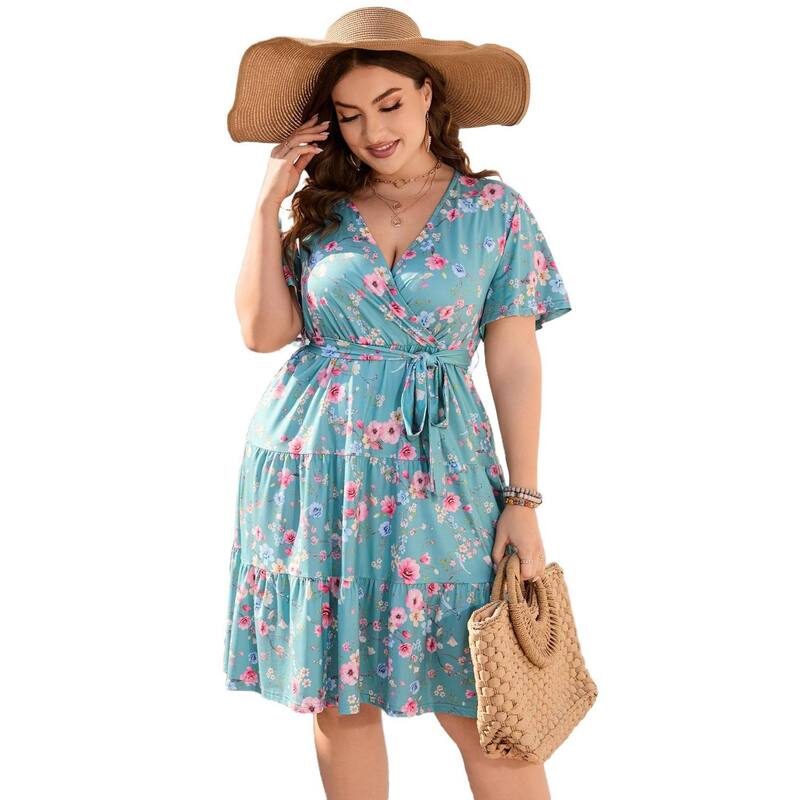 コジョイン レディース トップス ワンピース Vネック プラスサイズ ミニ エンパイア Kojooin Women Plusize Dresshort Sleeve V Neck Casual Summer Flowy Summer Mini Dress with Empire Waist Green Pink ピンク|ReVida 店