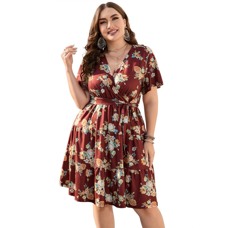 コジョイン レディース トップス ワンピース Vネック プラスサイズ ミニ エンパイア Kojooin Women Plusize Dresshort Sleeve V Neck Casual Summer Flowy Summer Mini Dress with Empire Waist Wine Red レッド|ReVida 店