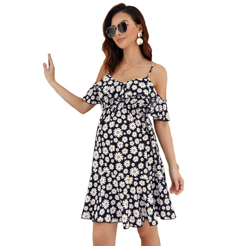 コジョイン レディース トップス ワンピース フラワー柄 フリル マタニティ フラワー Kojooin Womens Off Shoulder Maternity Dress Casual Ruffle Floral Flowy Boho Dress for Photoshoot Black ブラック｜ReVida 店