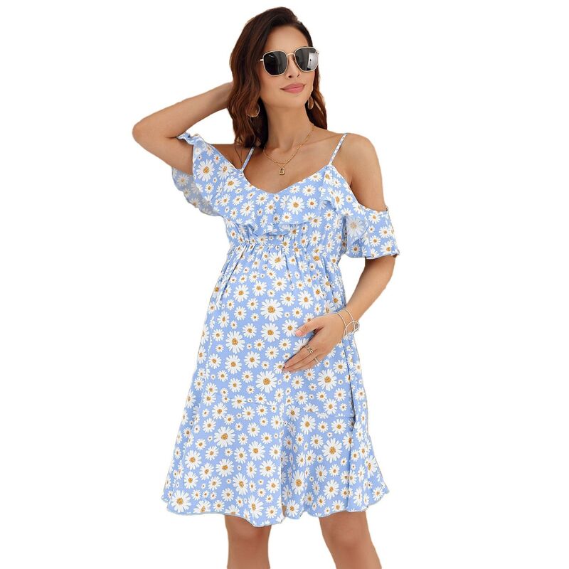 コジョイン レディース トップス ワンピース フラワー柄 フリル マタニティ フラワー Kojooin Womens Off Shoulder Maternity Dress Casual Ruffle Floral Flowy Boho Dress for Photoshoot Blue ブルー｜ReVida 店